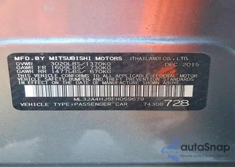 2015 Mitsubishi Mirage Es из США, поврежденный, VIN ML32A4HJ5FH059679